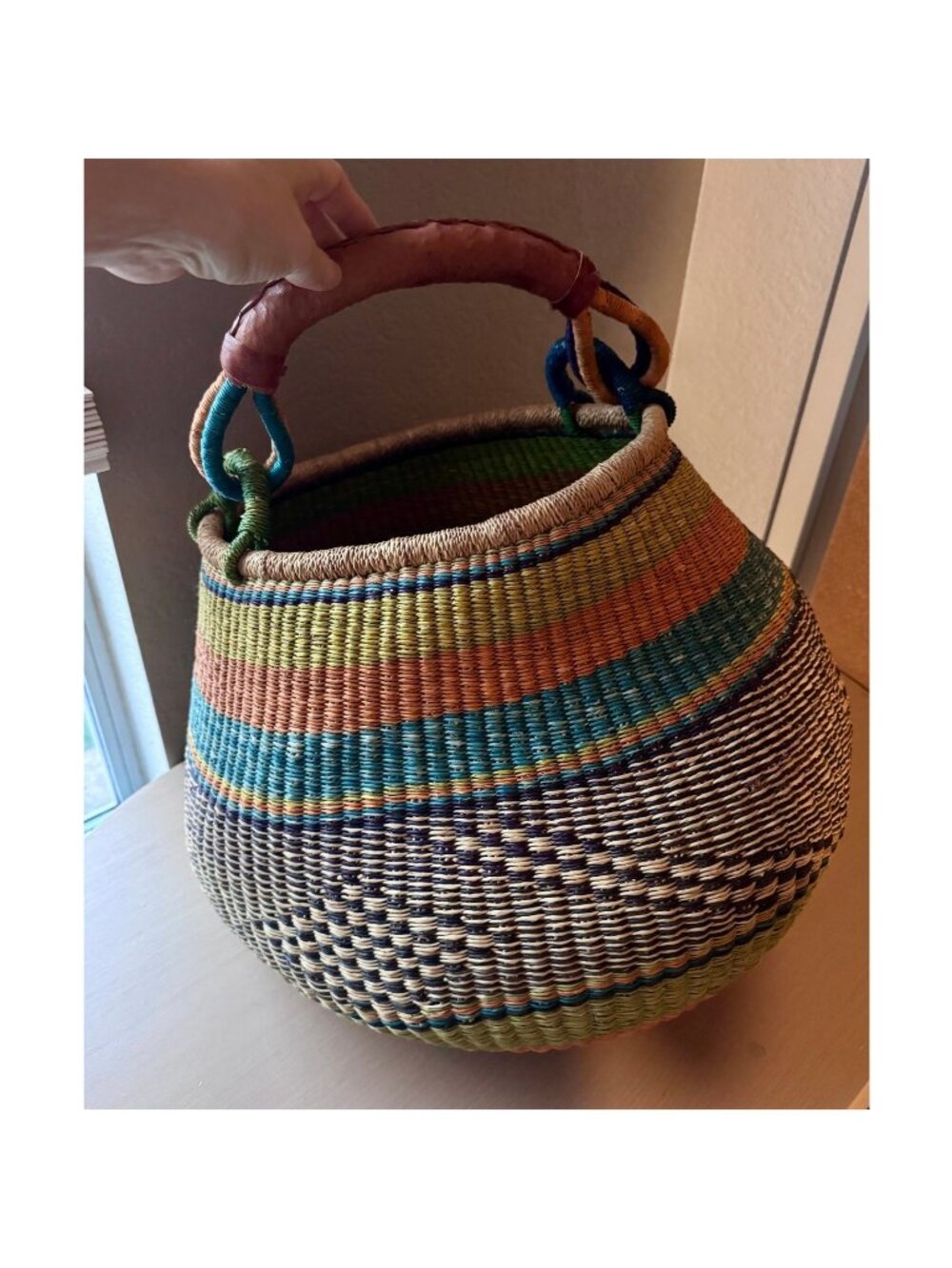 Colorful Woven Bolga Market Basket Leather Handle - Picture 8 of 10